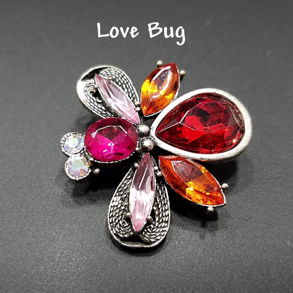 Signed “Love Bug” Vintage Rhinestone Insect Brooch – Pink & Orange